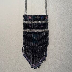 Handmade Navy Beaded Fringe Crossbody Bag